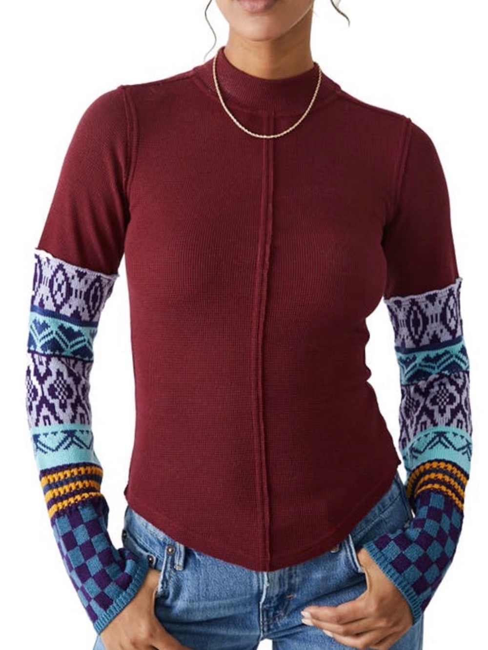 Women’s Maroon Sweater Top with Patterned Sleeve Accents